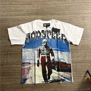 Godspeed White Graphic T-Shirt with Blue and Red Design